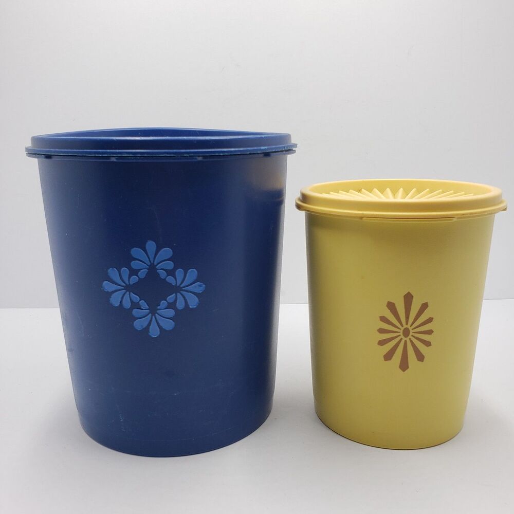 Vintage Tupperware Servalier Canisters Set of 2 Blue Yellow Sunburst Lids USA